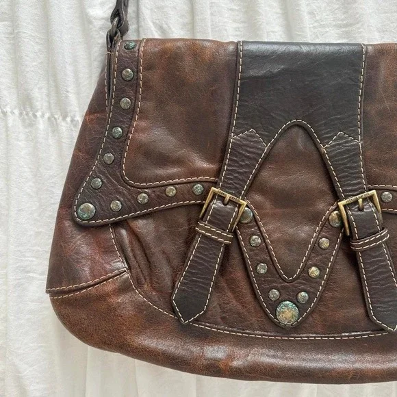 ROBERTO CAVALLI Brown Western Glam Leather Boho Turquoise Studded Structured Bag - Picture 5 of 8